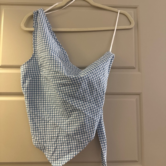 Princess Polly Tops - Princess Polly Blue Checkered Asymmetrical Top